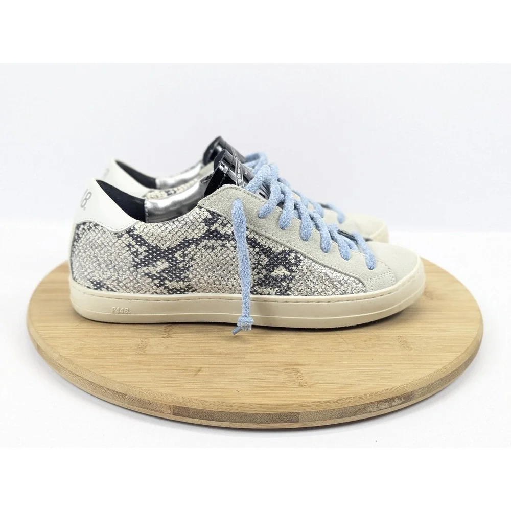 P448 Shoes Womans 7 Python Print Metallic Leather Sneakers Blue Laces